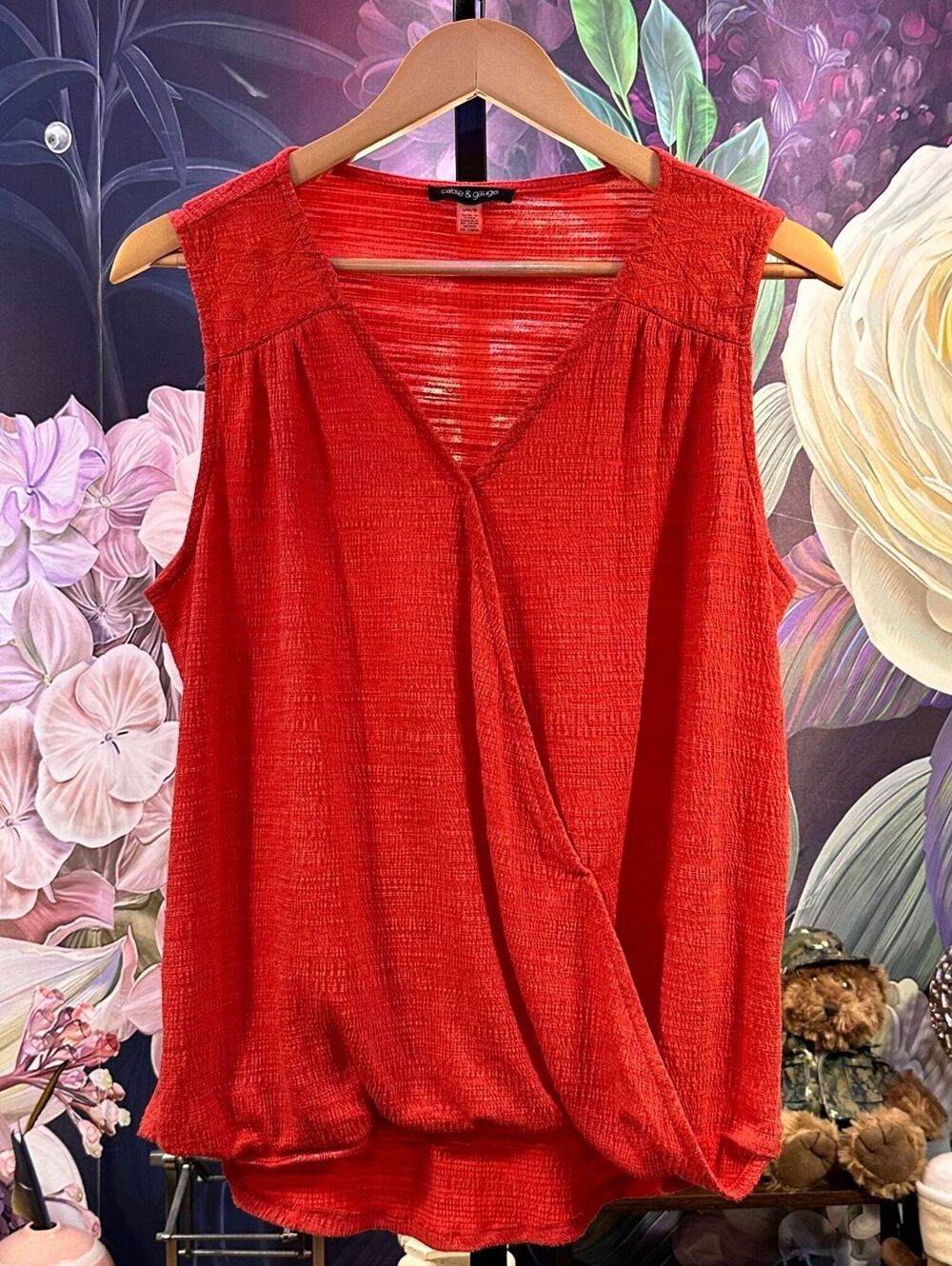 Cable & Gauge L Surplice Wrap Top Boho Embroidered Sleeveless Textured Coral Red